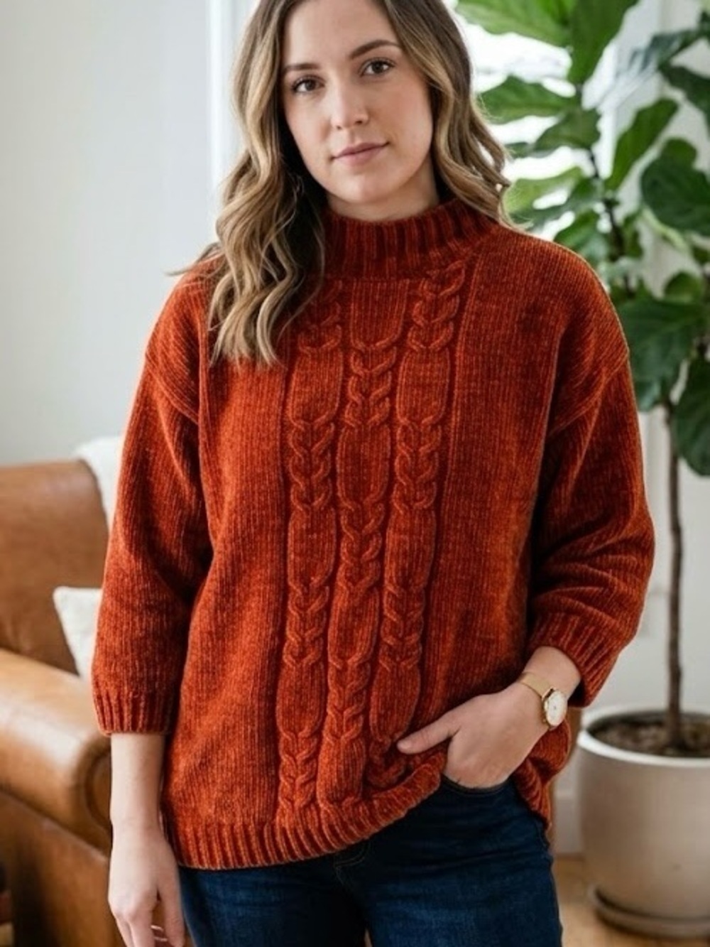 Vintage Eaton Attitude Rust Orange Chenille Mock Neck Sweater Terracotta Boho